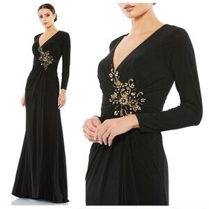 MAC DUGGAL Faux Wrap Long Sleeve Gown W/ Applique Detail in Black Size US 6